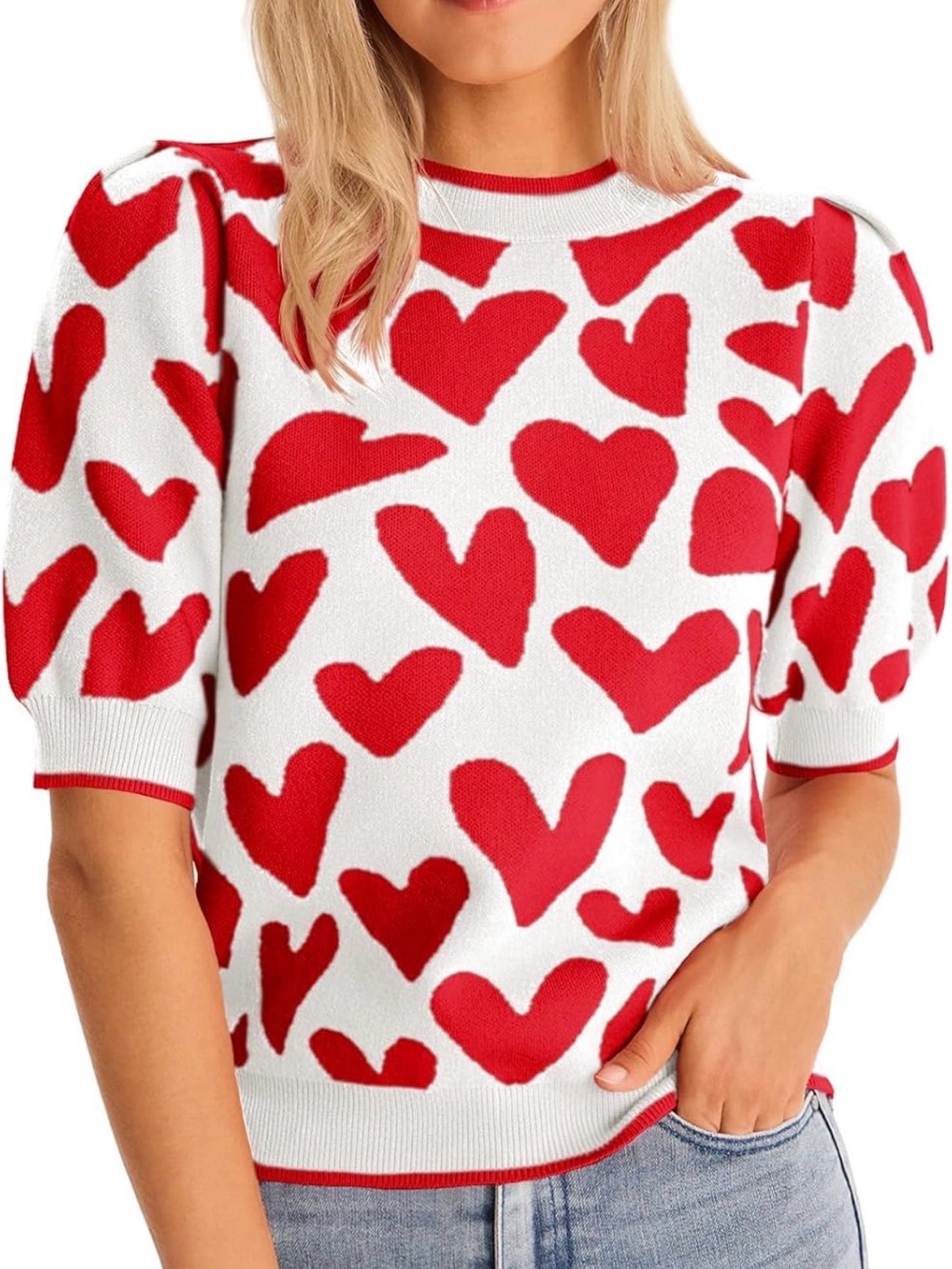 NWT-Puff Short Sleeve Heart Sweater